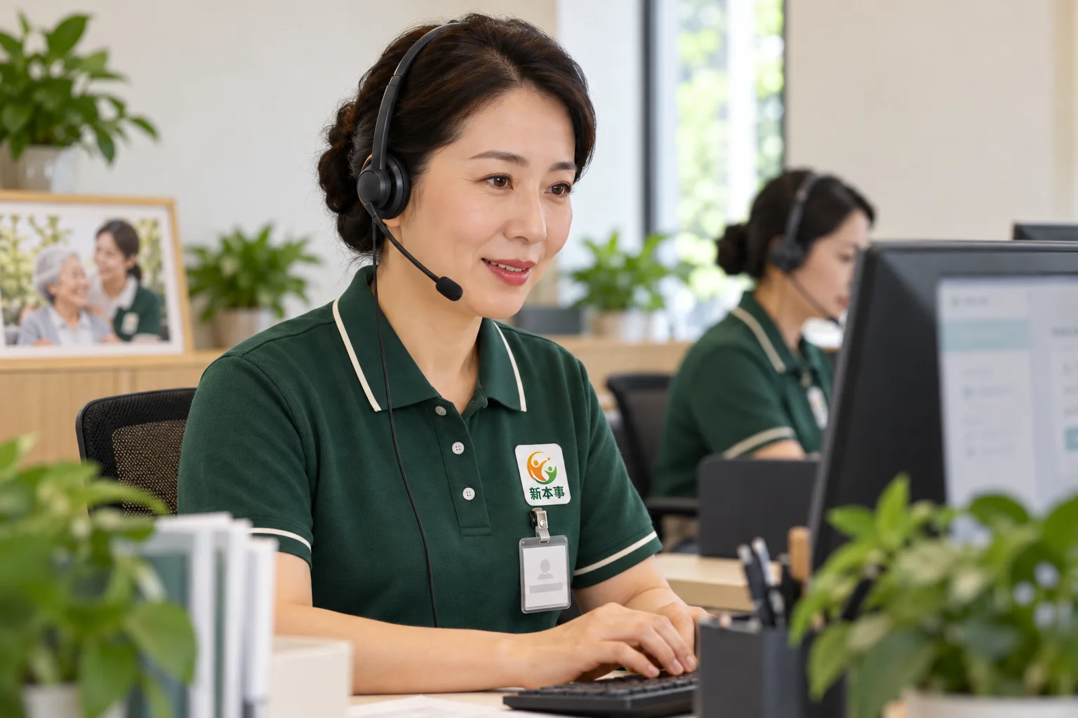 佩戴耳麦、穿工作制服的值守人员进行电话沟通